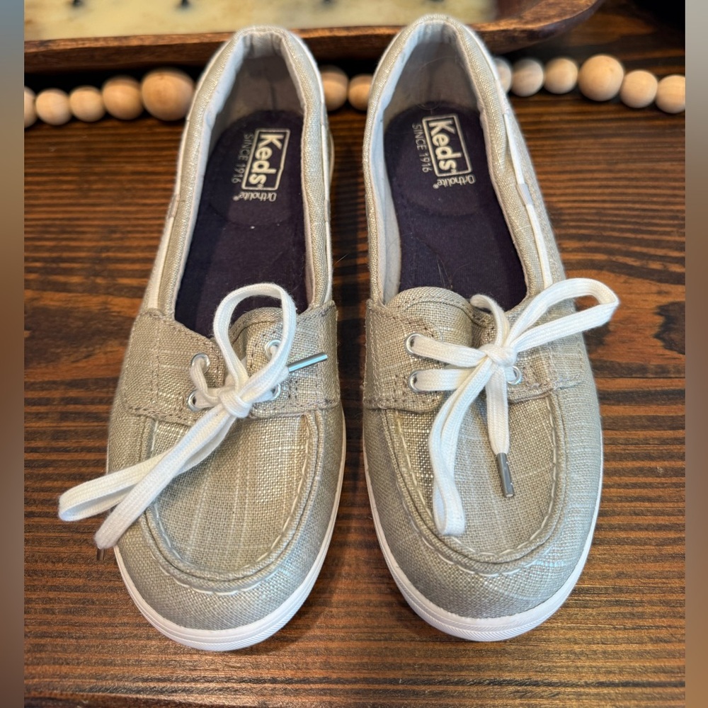 Keds Ortholite Linen Boat Shoes Beige Coastal Grandma Preppy Comfort 6.5